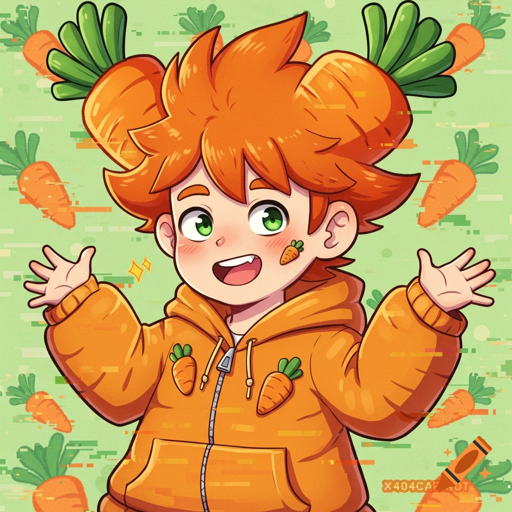 A cute anime boy with orange hair and green eyes, wearing an orange carrot-themed hoodie, stands against a green background with floating carrots.