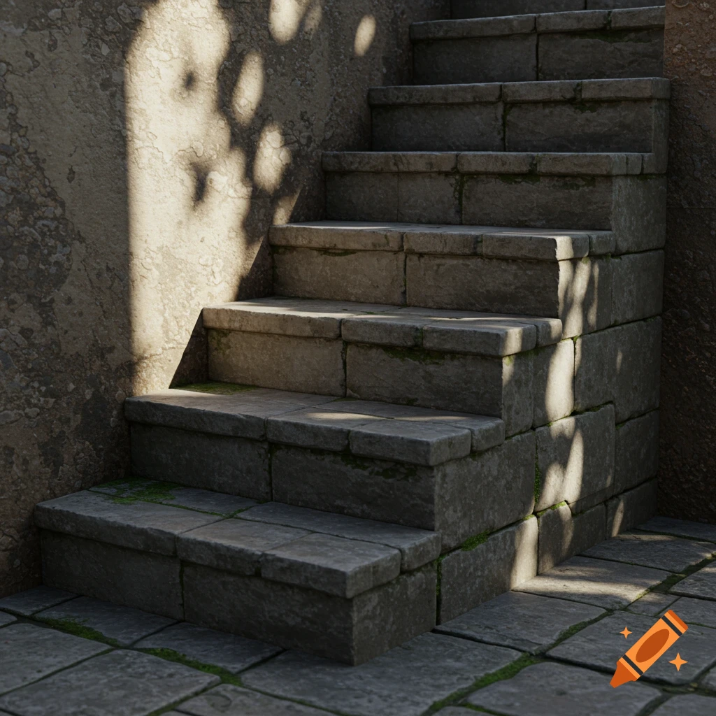 Photorealistic image of old stone stairs with moss on them, illuminated by sunlight filtering through leaves, casting shadows on the wall.