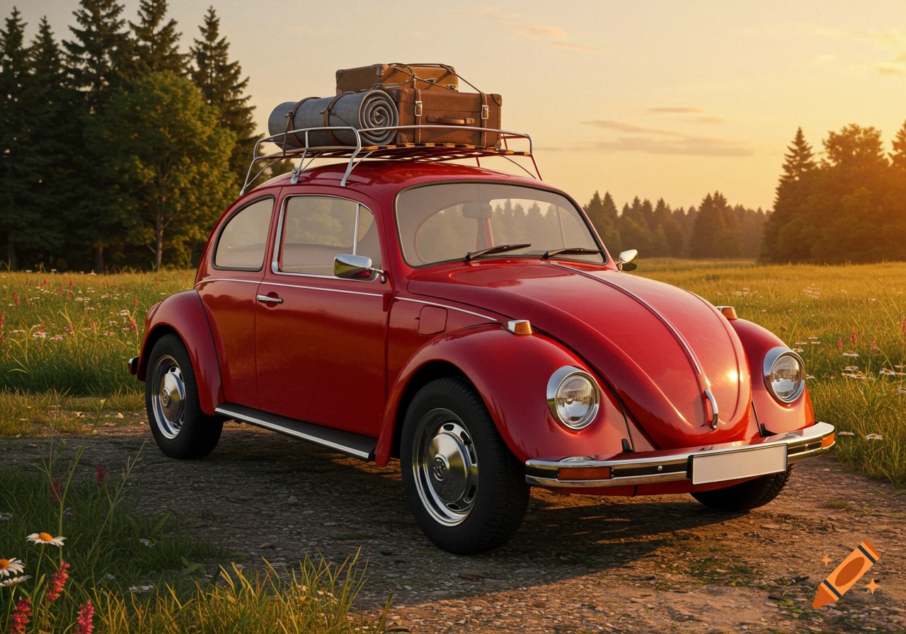 A bright red vintage Volkswagen Beetle with a roof rack packed with luggage parked on a dirt road in a sunny field at sunset.