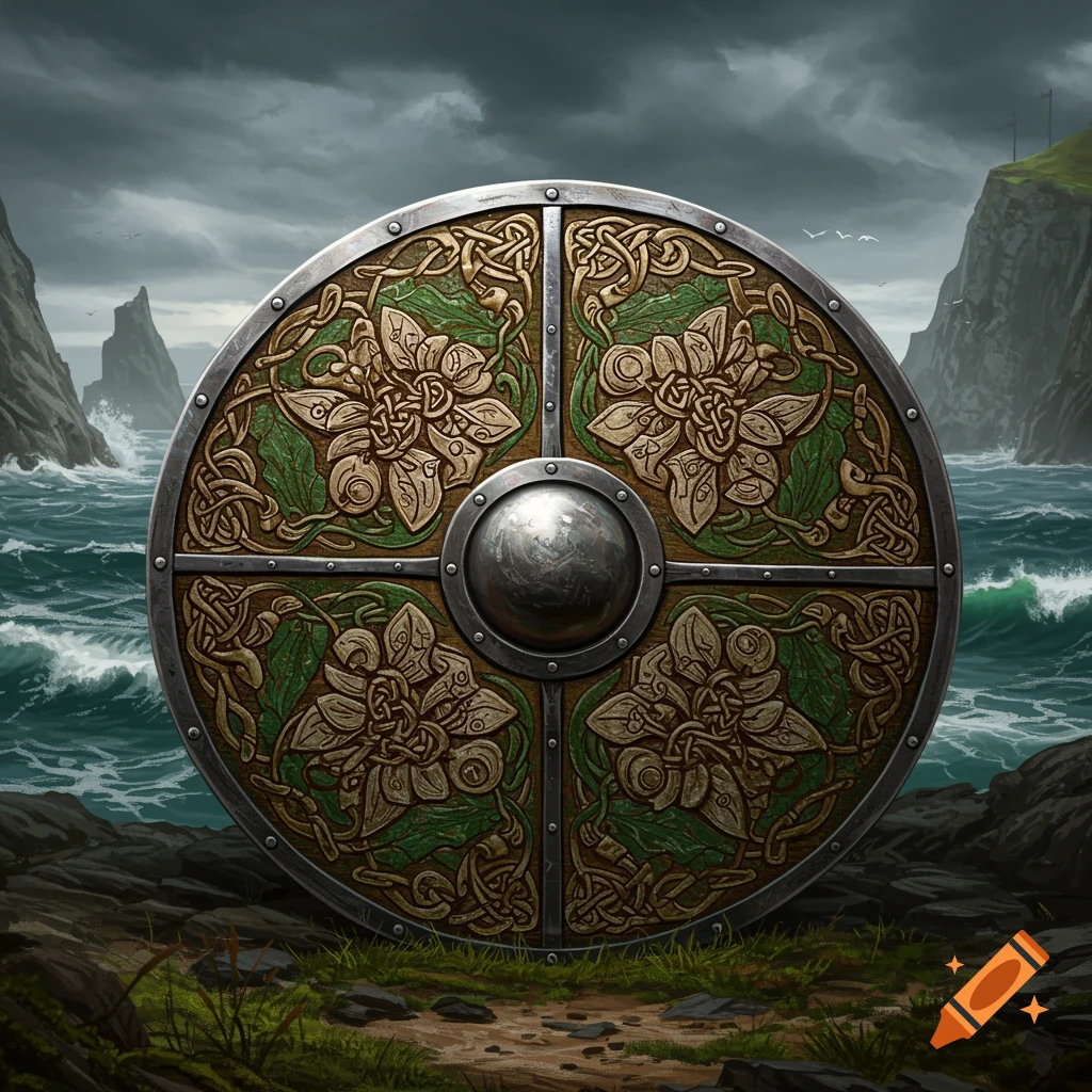 A detailed Viking shield with green and gold Celtic knotwork and flower patterns on a stormy rocky coast.