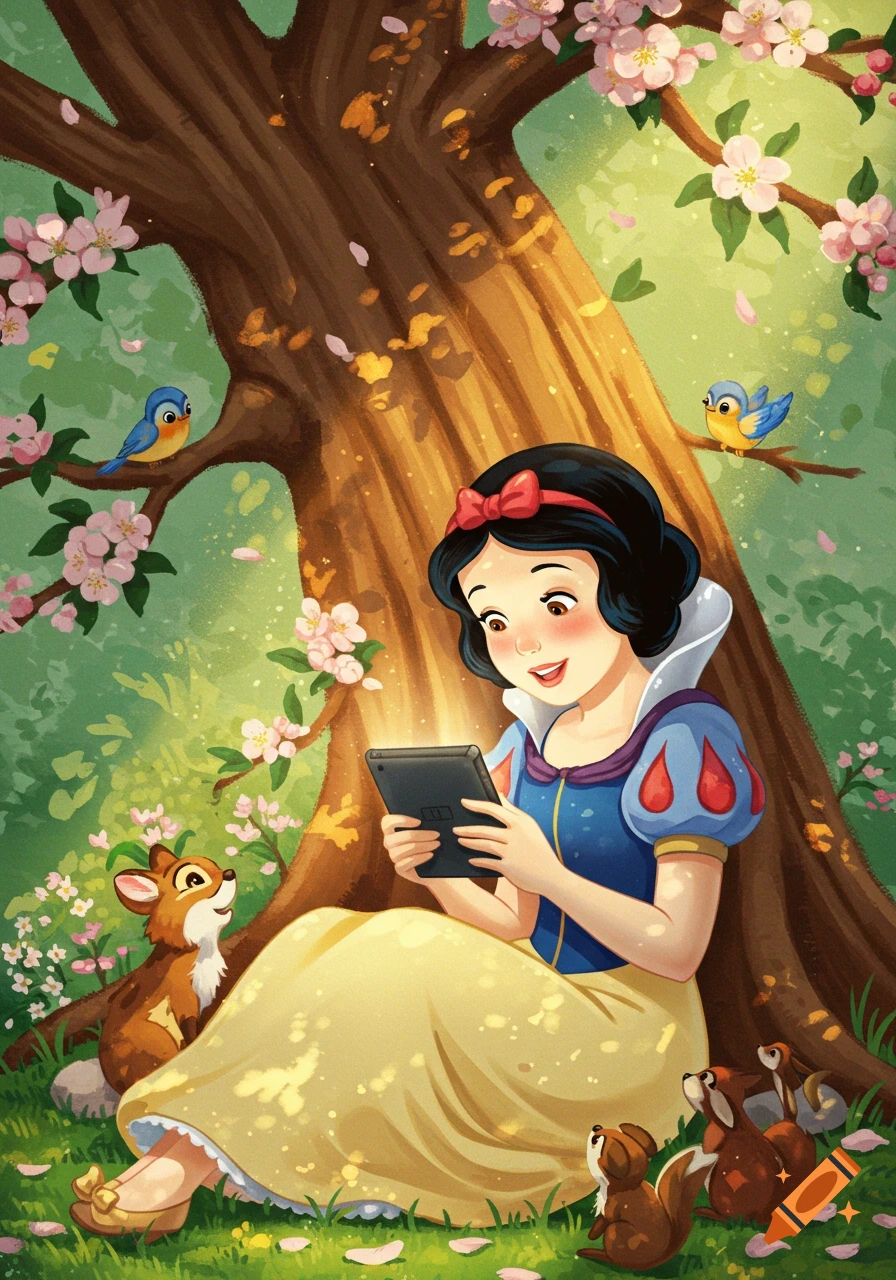 Snow White reads on a tablet under a blooming tree, surrounded by forest animals in a vibrant cartoon style.