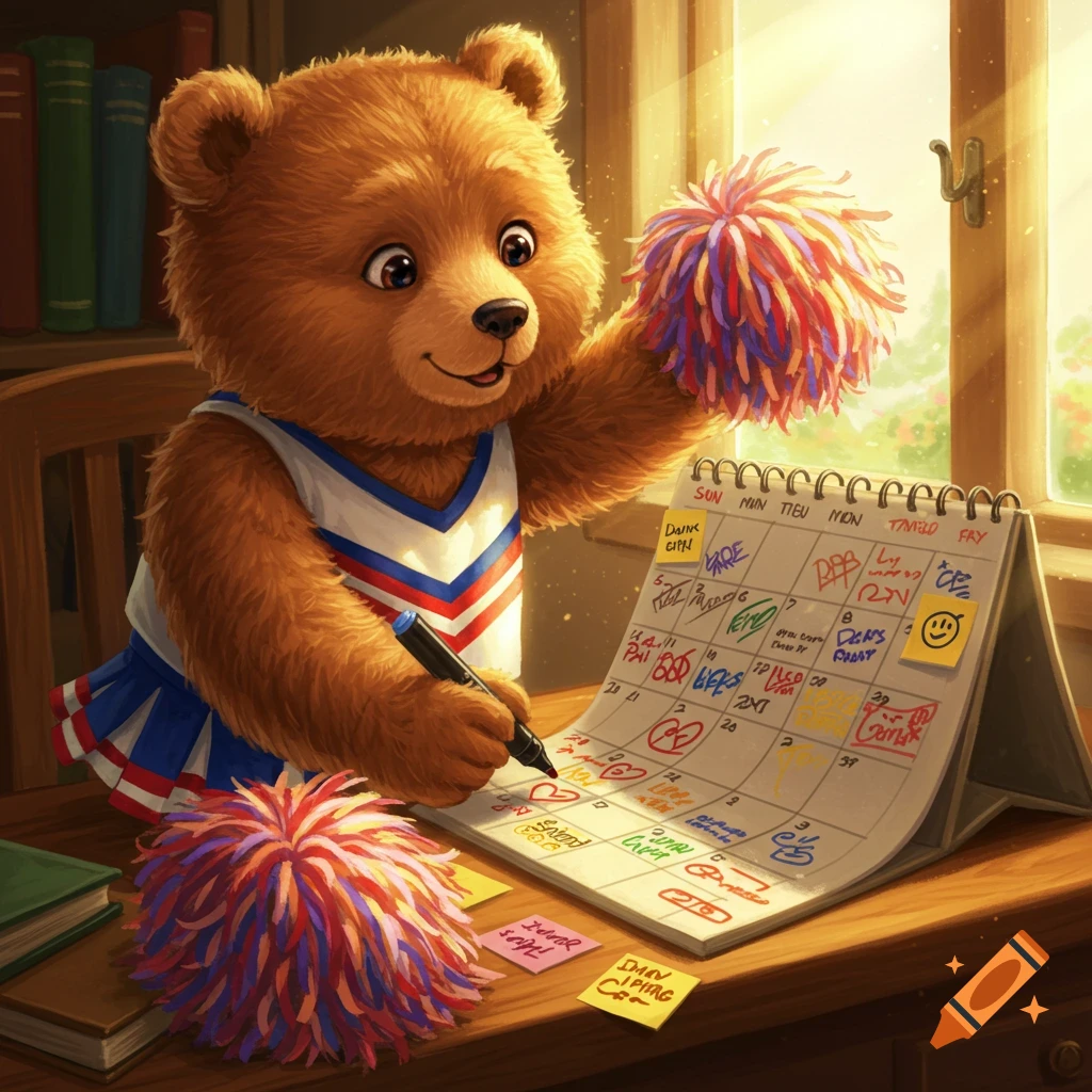 A cute bear in a cheerleading outfit writes on a desk calendar with a pom-pom in its other hand, illuminated by sunlight.