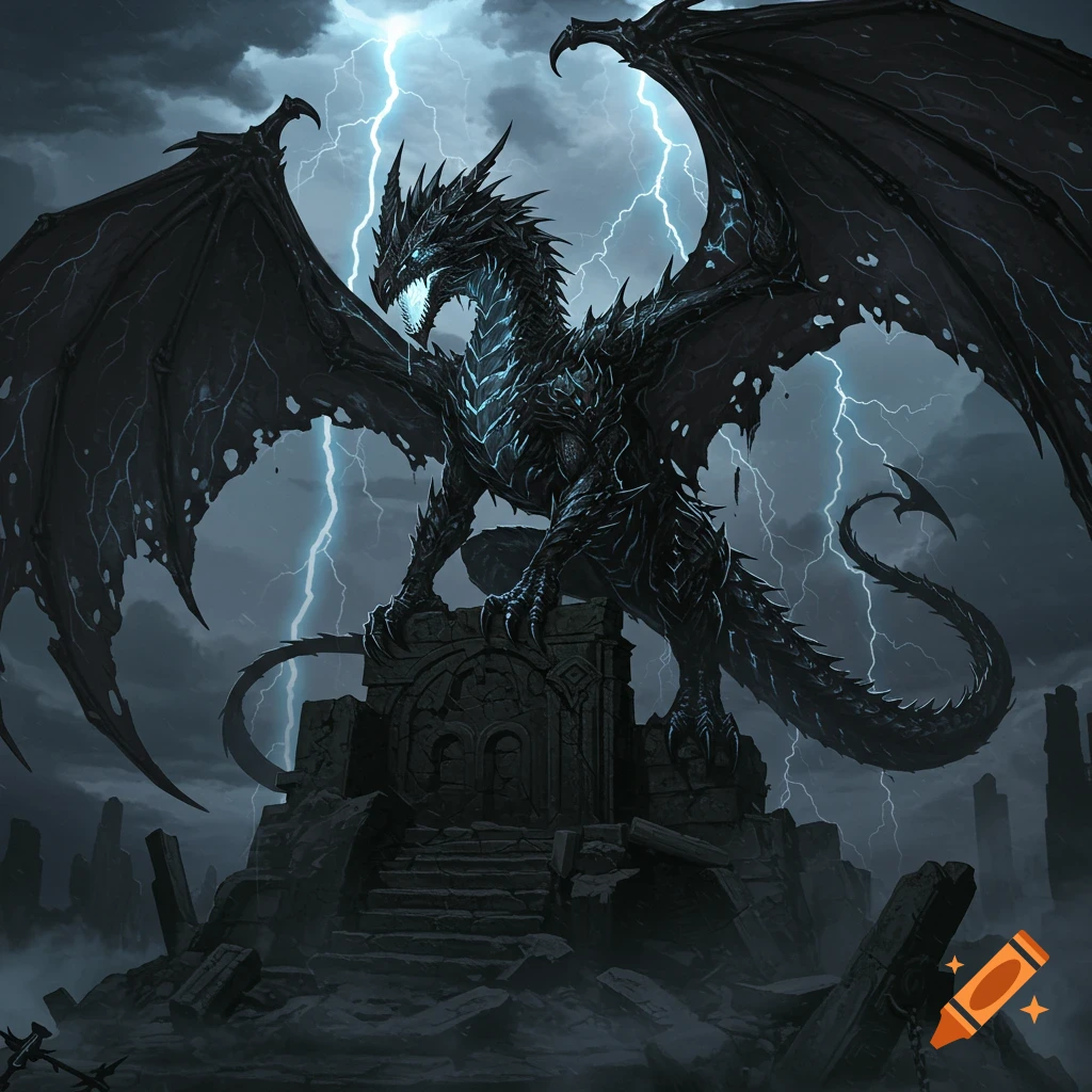 A large black dragon with glowing blue eyes and chest scales stands atop a ruined structure as lightning strikes in a stormy sky.