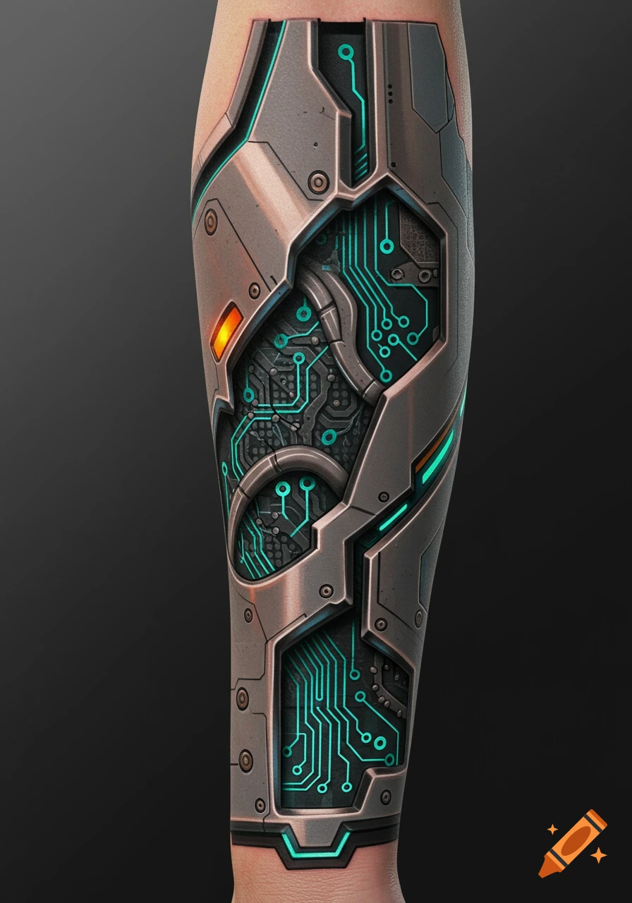 Close-up of a detailed cybernetic forearm tattoo, featuring metallic plating, a glowing orange light, and intricate blue circuit board patterns.