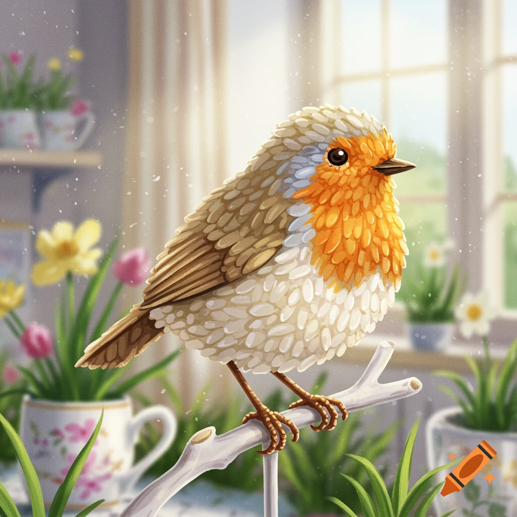 A stylized robin with puffed rice-like feathers perched on a branch in a bright, soft-focused indoor garden setting.