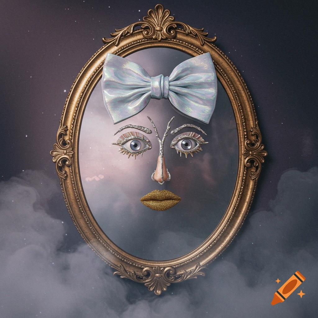 A surreal face with a light blue bow, glitter eyes, and gold lips, set in an ornate golden mirror against a dark, cloudy sky.