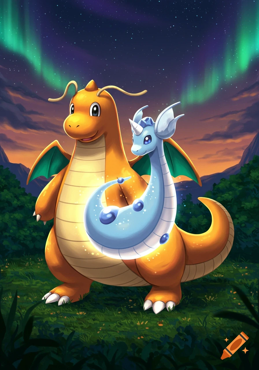 Dragonite and Dragonair stand in a grassy field under a night sky with green aurora borealis, in an illustrative style.