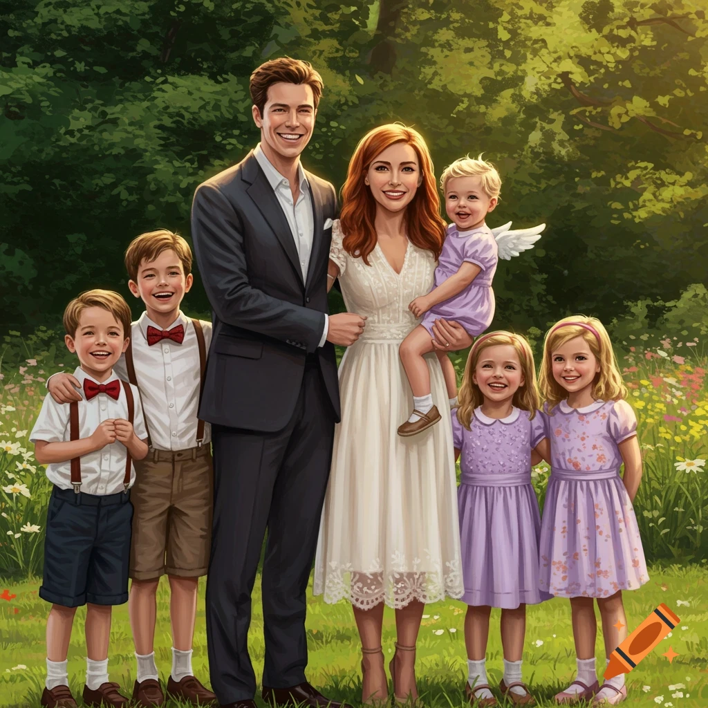 An illustrated portrait of a smiling family with five children standing in a green park with wildflowers.