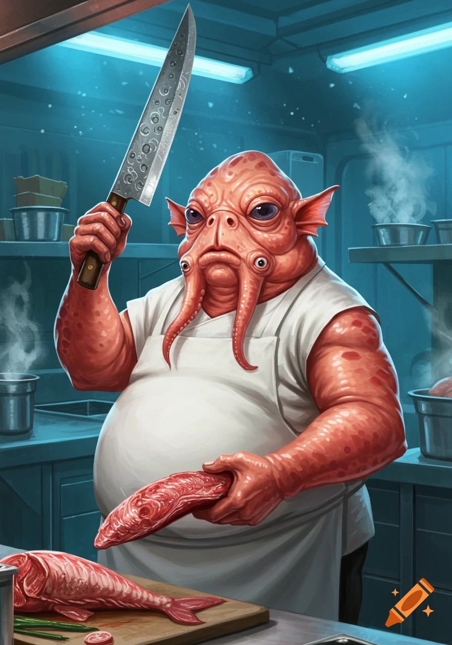 A fat, red-skinned Mon Calamari chef in a white apron holds a large knife and a raw fish in a kitchen.