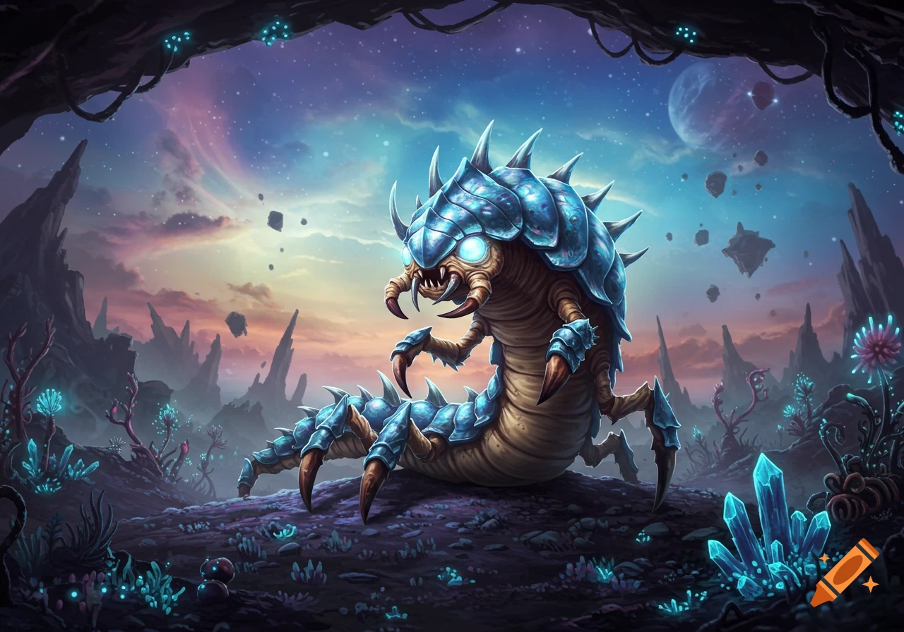 A blue armored centipede-like alien creature with glowing eyes in a vibrant cave with glowing crystals under a cosmic sky.