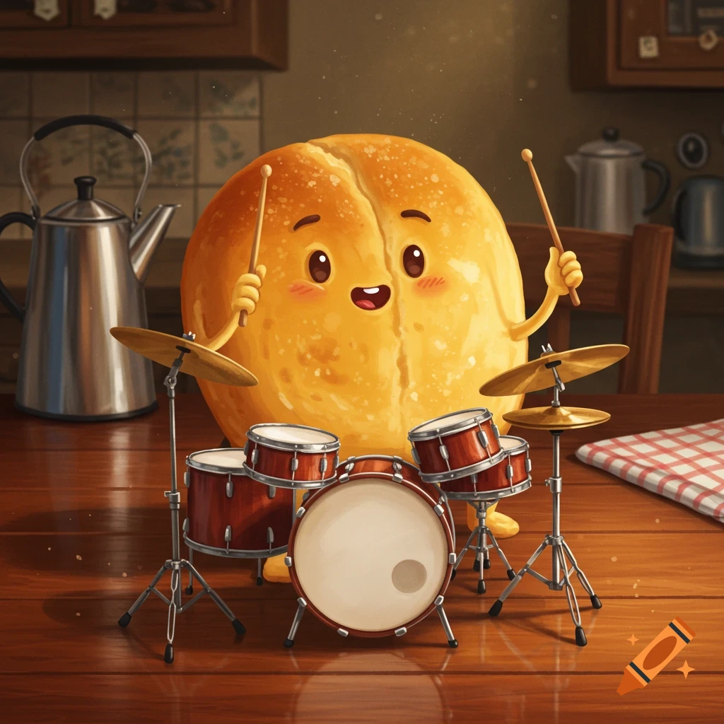 A cute, anthropomorphic dinner roll with a happy face plays a drum set in a cozy kitchen, in a cartoon style.