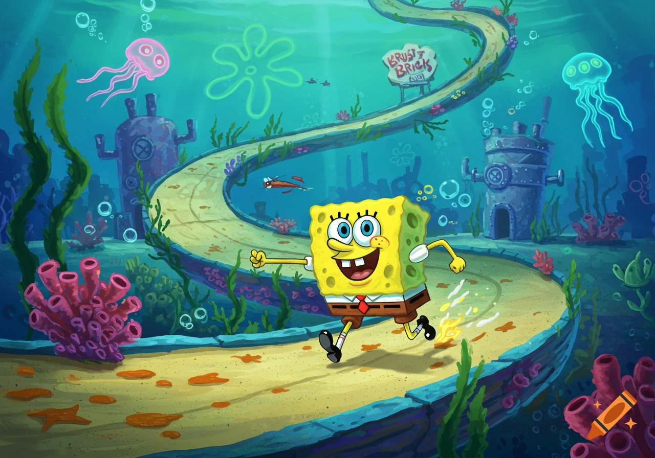 Spongebob Squarepants runs along a winding underwater path towards a sign, with jellyfish and coral in the vibrant background.