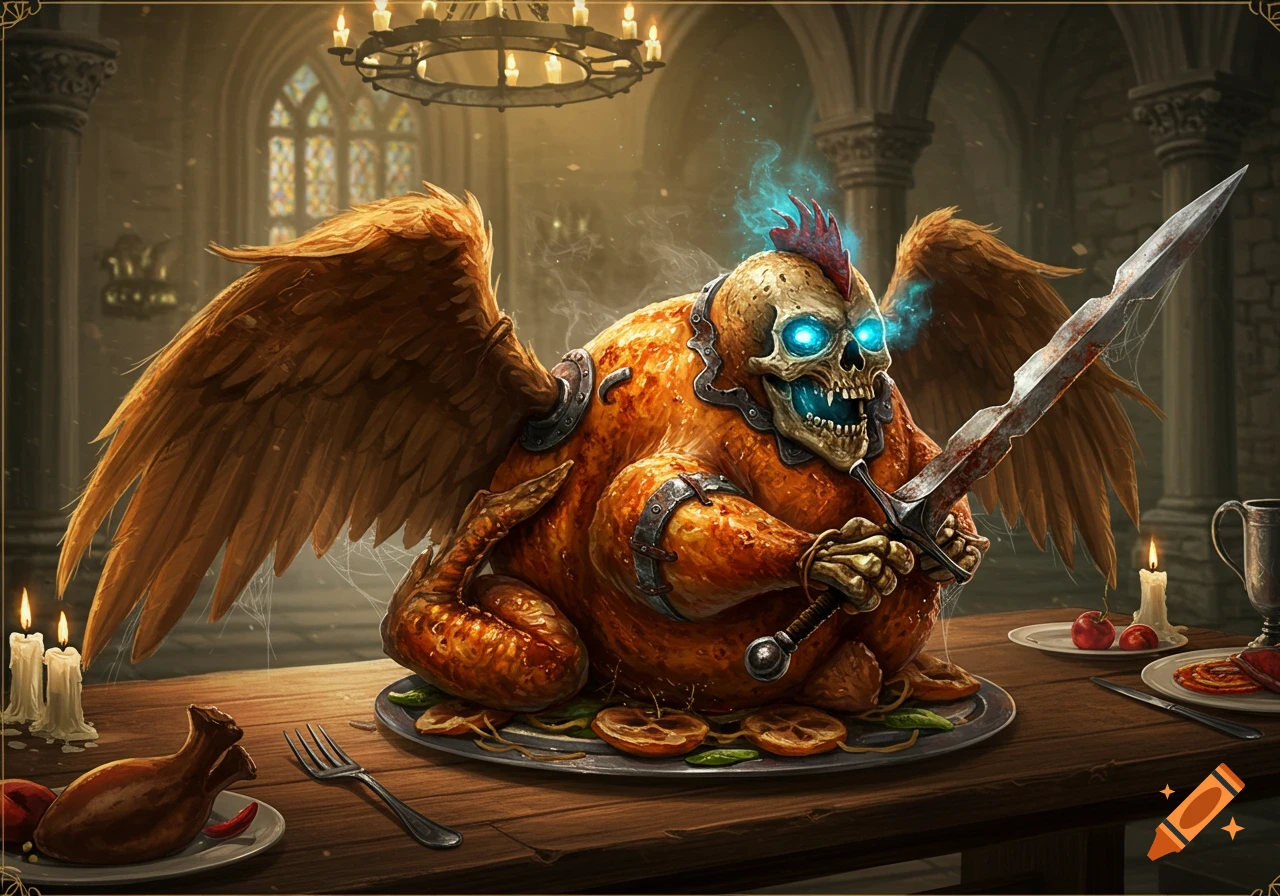 Skeletal warrior head with glowing blue eyes on a roast chicken body holding a sword, set on a dining table in a castle.