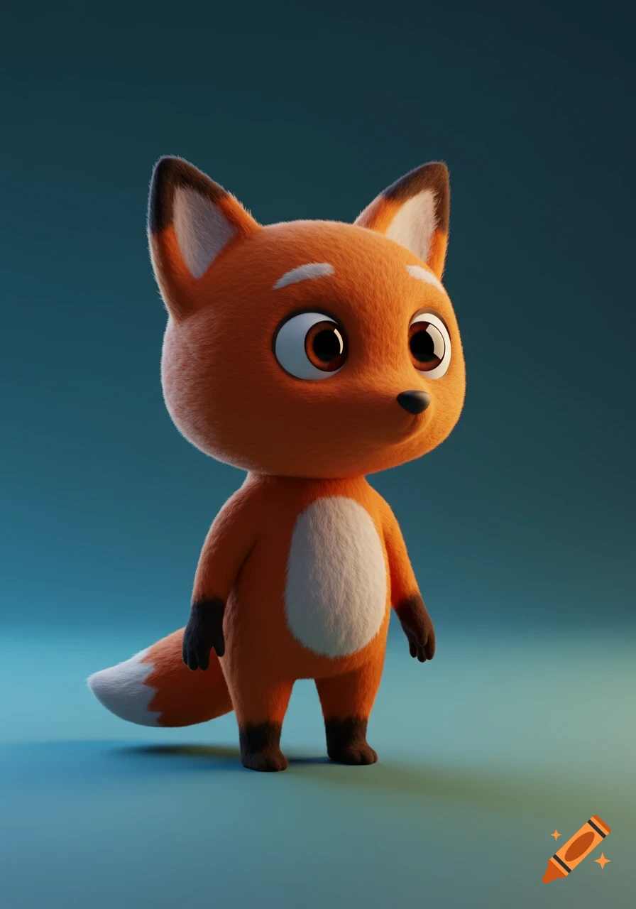 A cute 3D cartoon fox with orange fur and big eyes stands against a dark teal background.