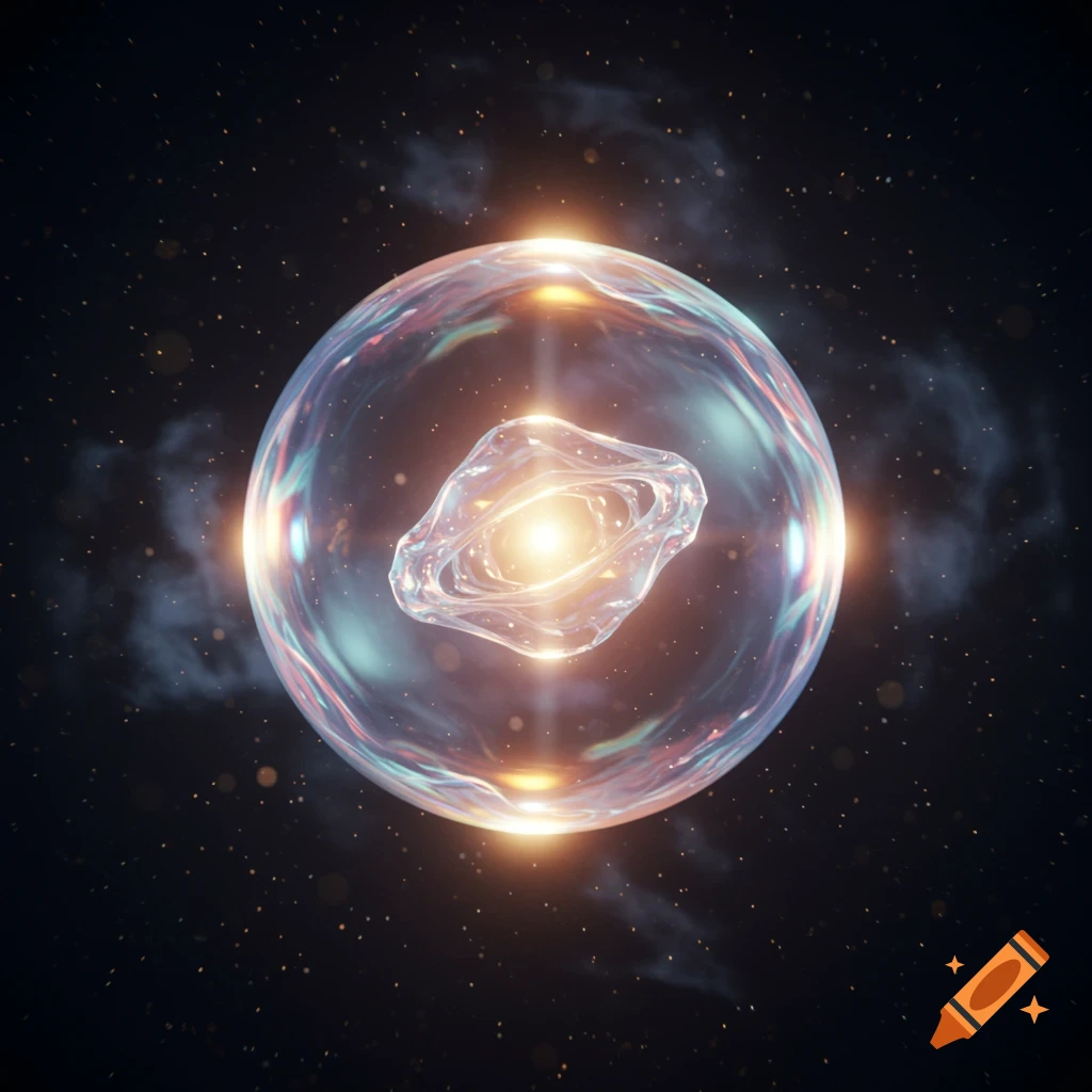 A glowing, multifaceted sphere containing a bright core, set against a dark, star-filled cosmic background.