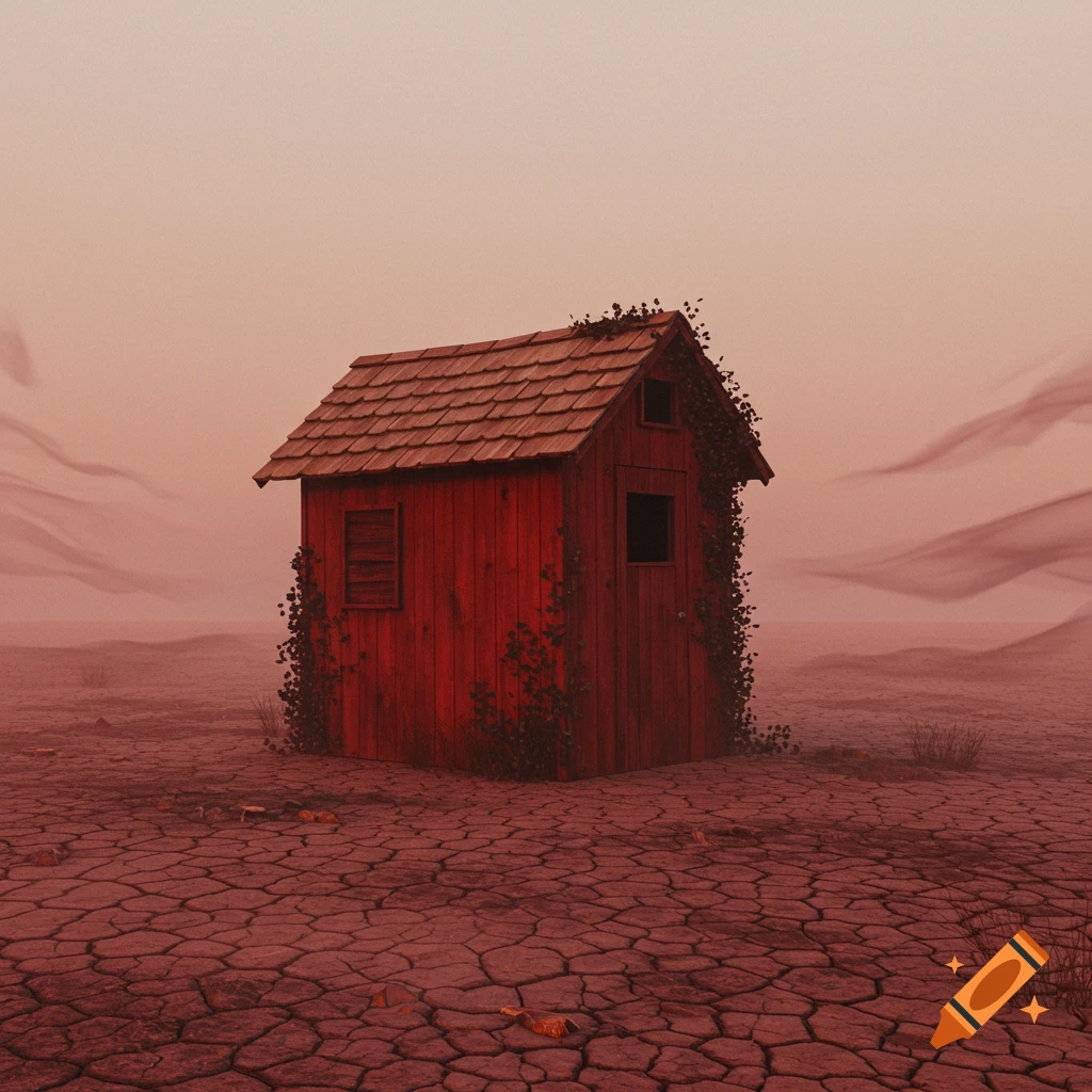 A small, red wooden shed with a tan roof and dark vines sits on a cracked, reddish-brown desolate landscape under a hazy sky.