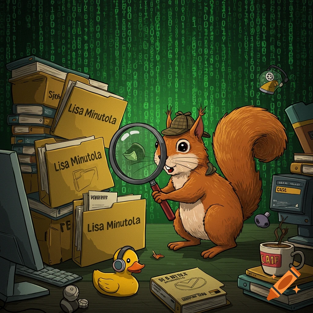 A cartoon squirrel detective with a magnifying glass stands by file folders, a computer, and a rubber duck against a green matrix background.