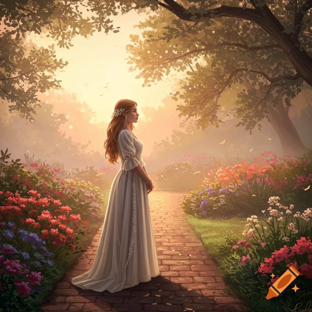 A woman in a white dress stands on a brick path in a sunlit, flower-filled garden, in a painterly style.