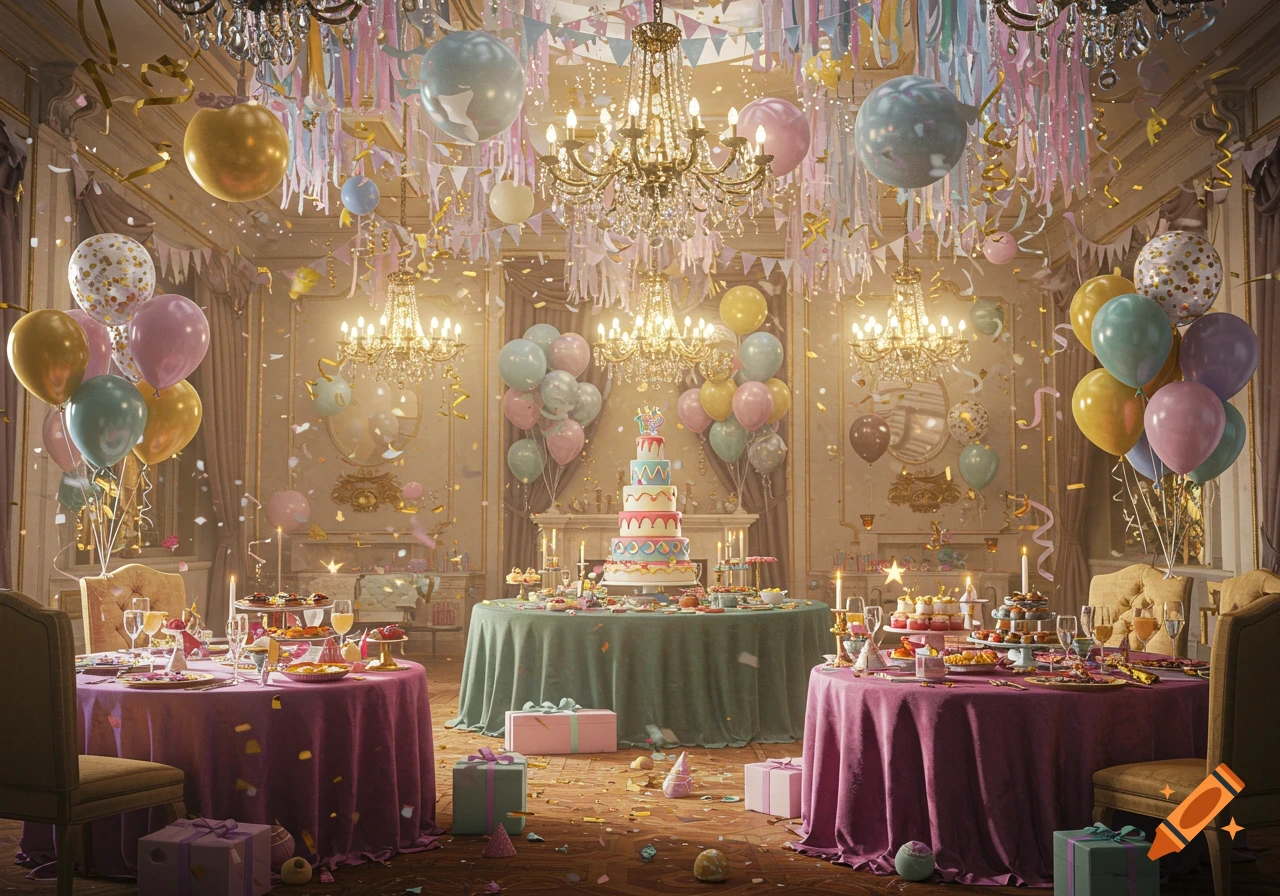 A grand, ornately decorated room set up for a birthday party, featuring a large cake, food tables, many pastel balloons, streamers, and confetti.