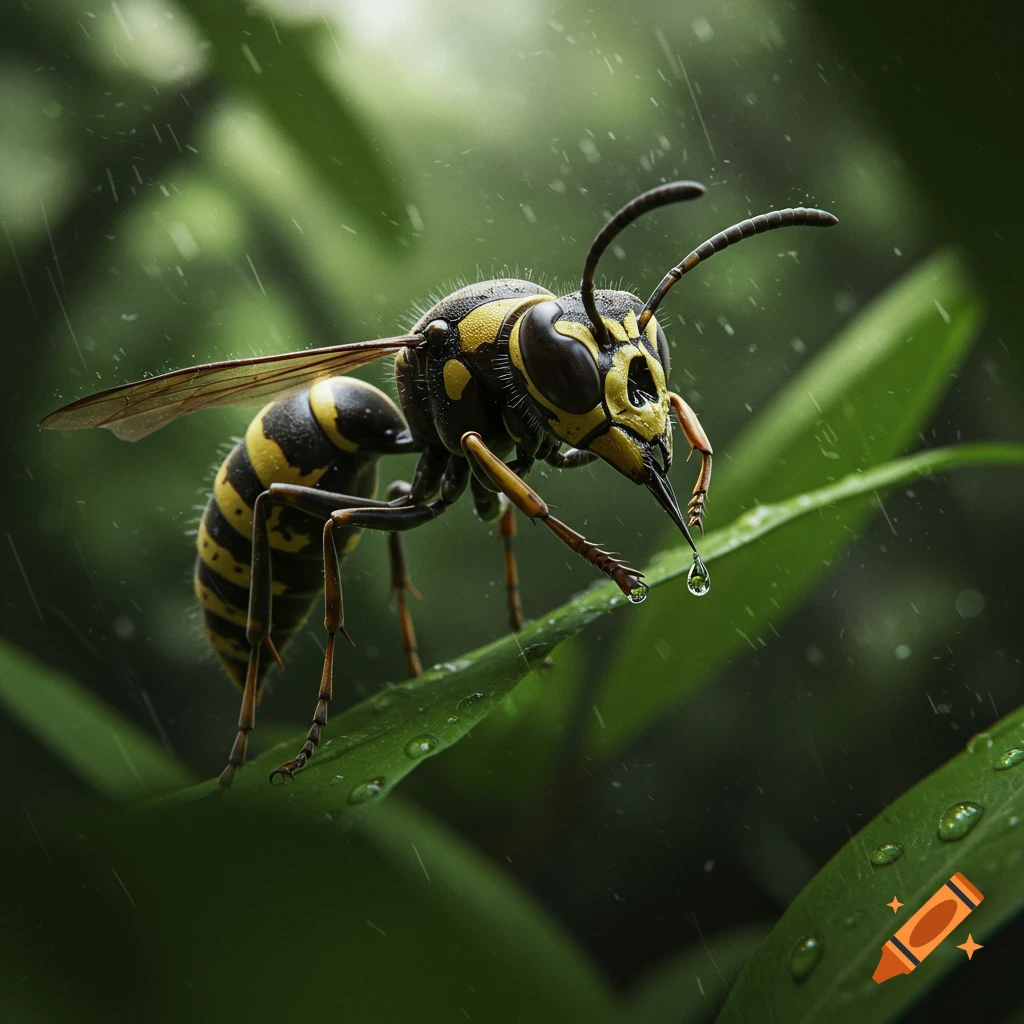 Close-up photorealistic image of a yellow and black wasp with a skull-like pattern on its head, on a green leaf with water droplets in the rain.