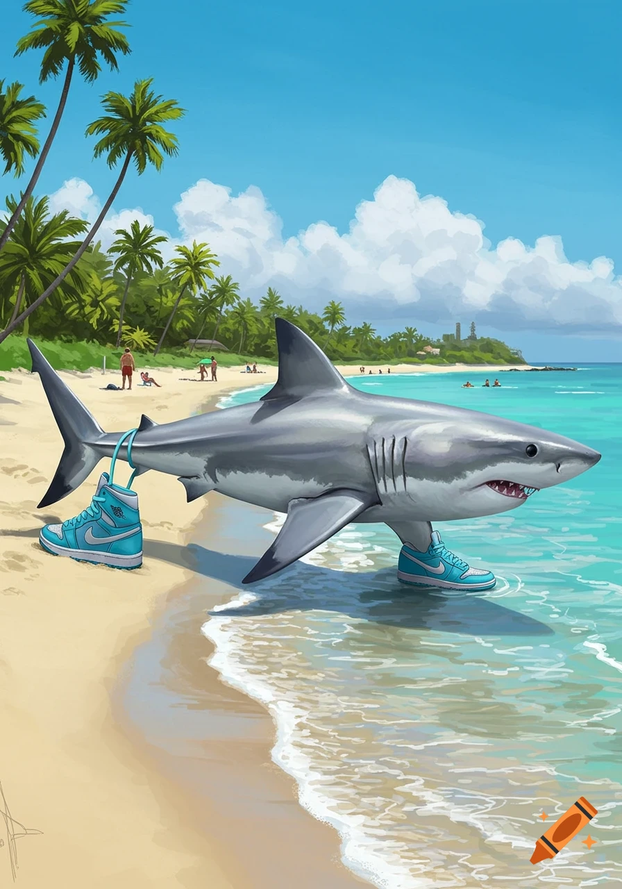 An illustrated great white shark wearing blue and white sneakers walks onto a tropical beach with palm trees and people.