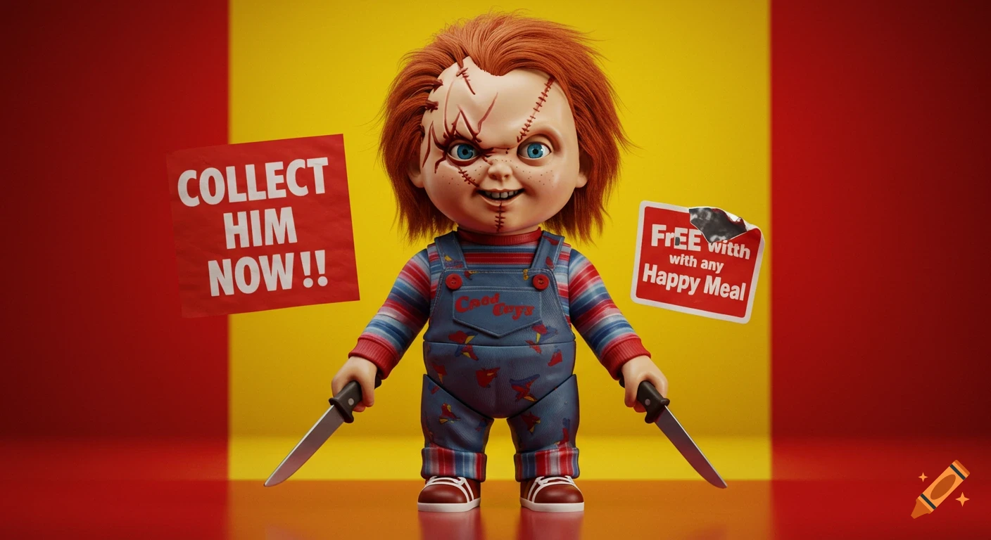 A hyper-realistic Chucky doll toy holding knives, against a red and yellow background, with promotional signs for McDonald's Happy Meal.