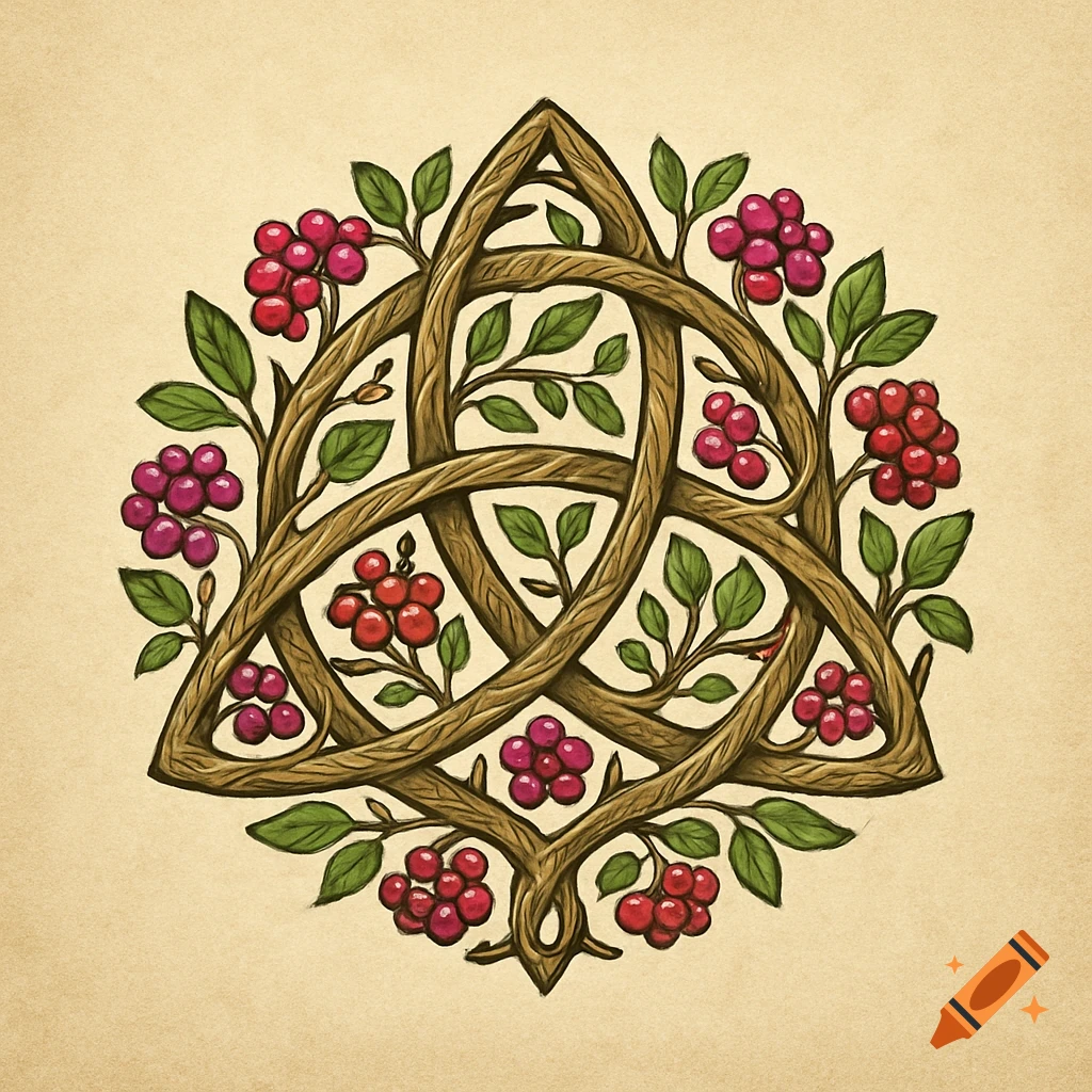 A Celtic knot made of intertwining branches with leaves and red and purple berries, on a beige background.
