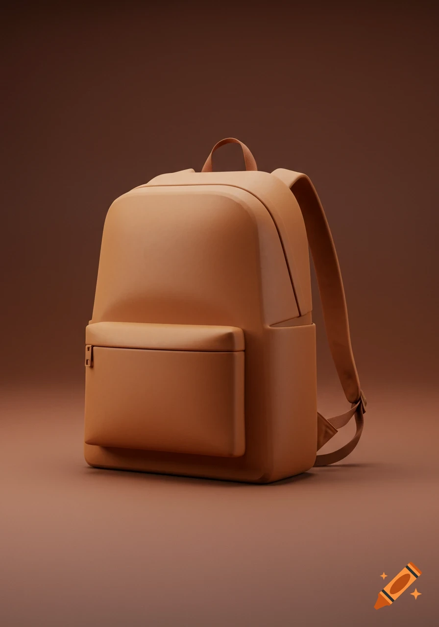 A brown 3D model of a backpack with a front pocket, tilted slightly, on a matching brown background.