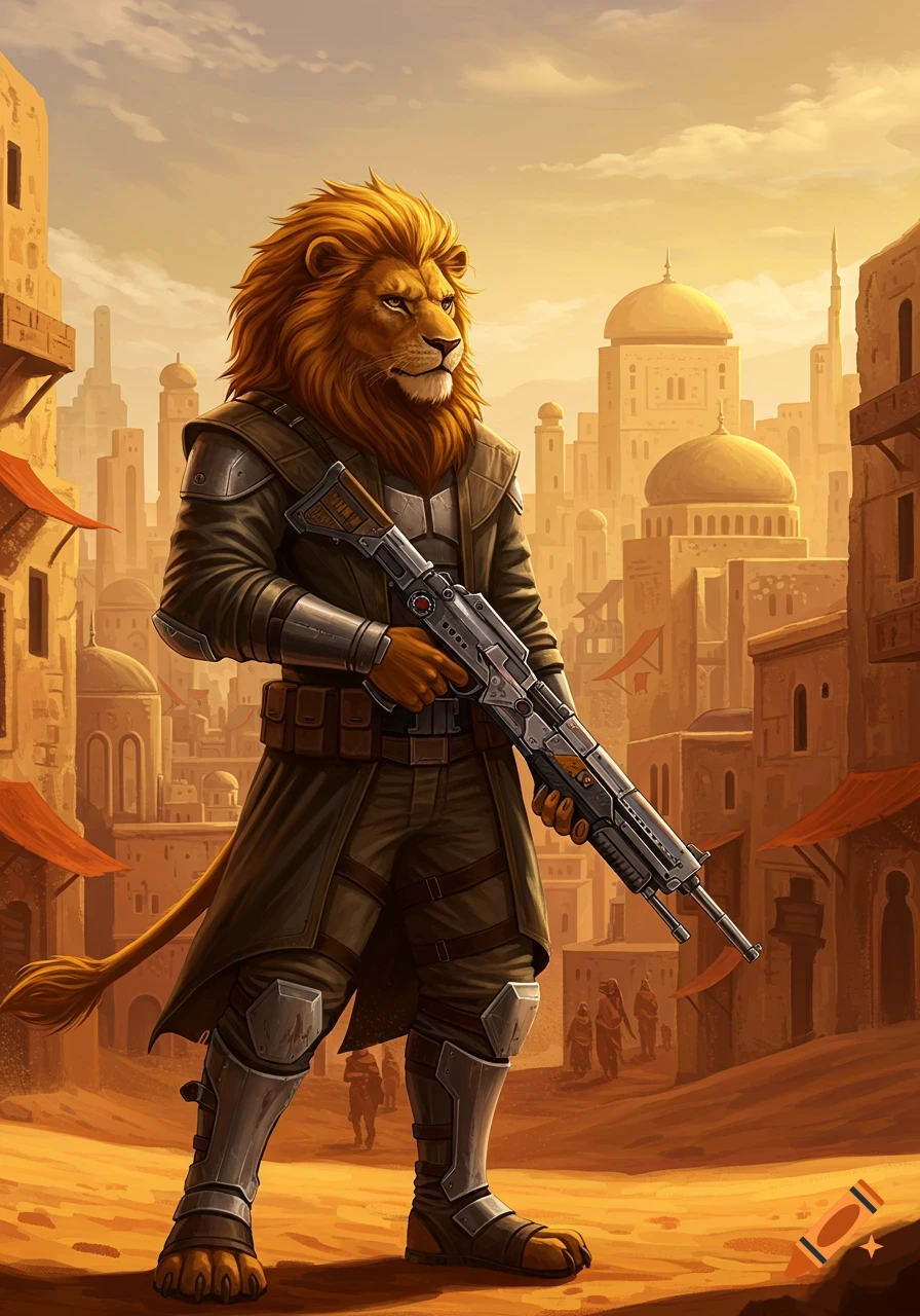 An anthropomorphic lion bounty hunter in futuristic armor holds a rifle while standing in a sandy desert city at sunset.