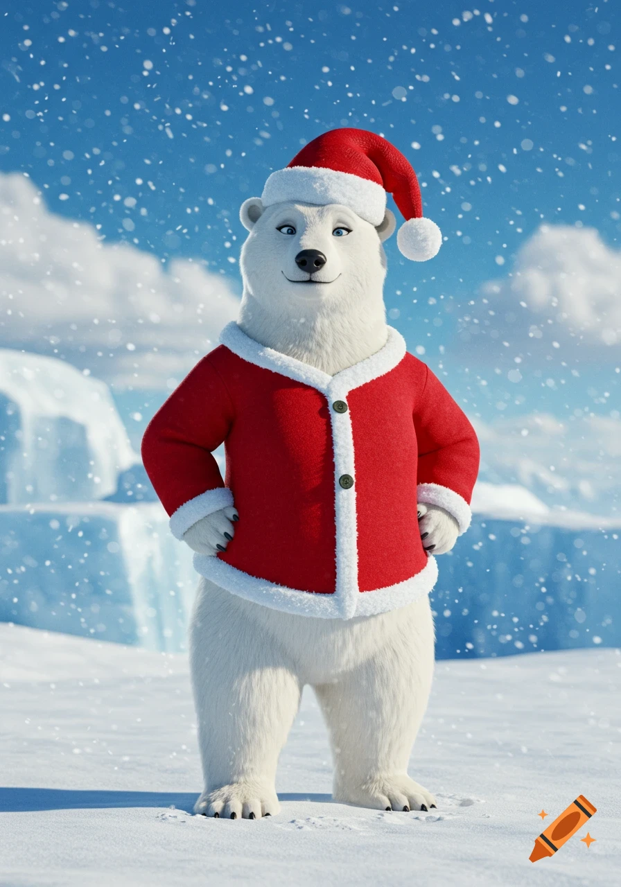 A friendly anthropomorphic polar bear wearing a red Santa jacket and hat stands in a snowy arctic landscape.