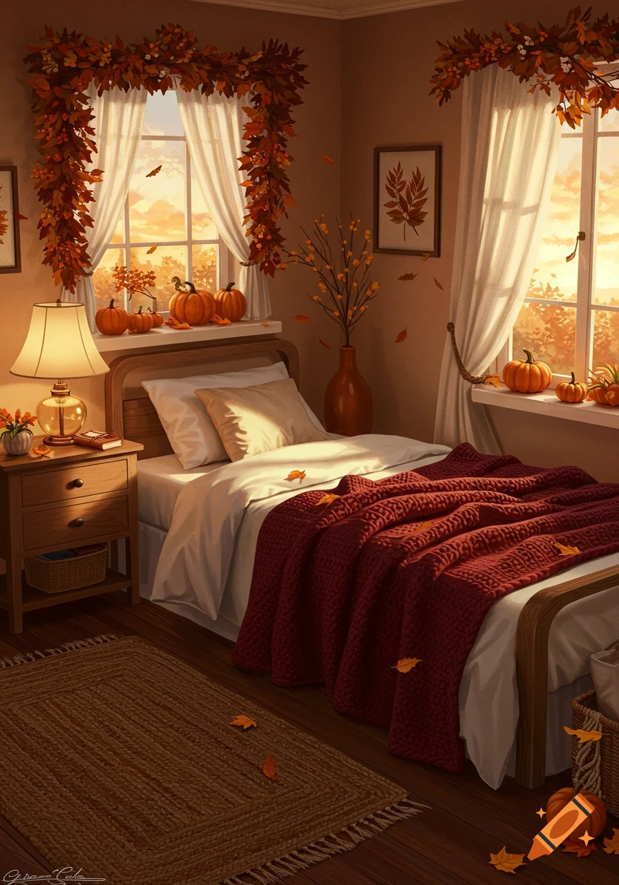 A cozy bedroom with a twin bed, white sheets, and a burgundy crochet blanket, decorated with pumpkins and fall leaves. Sunlight streams through the windows.
