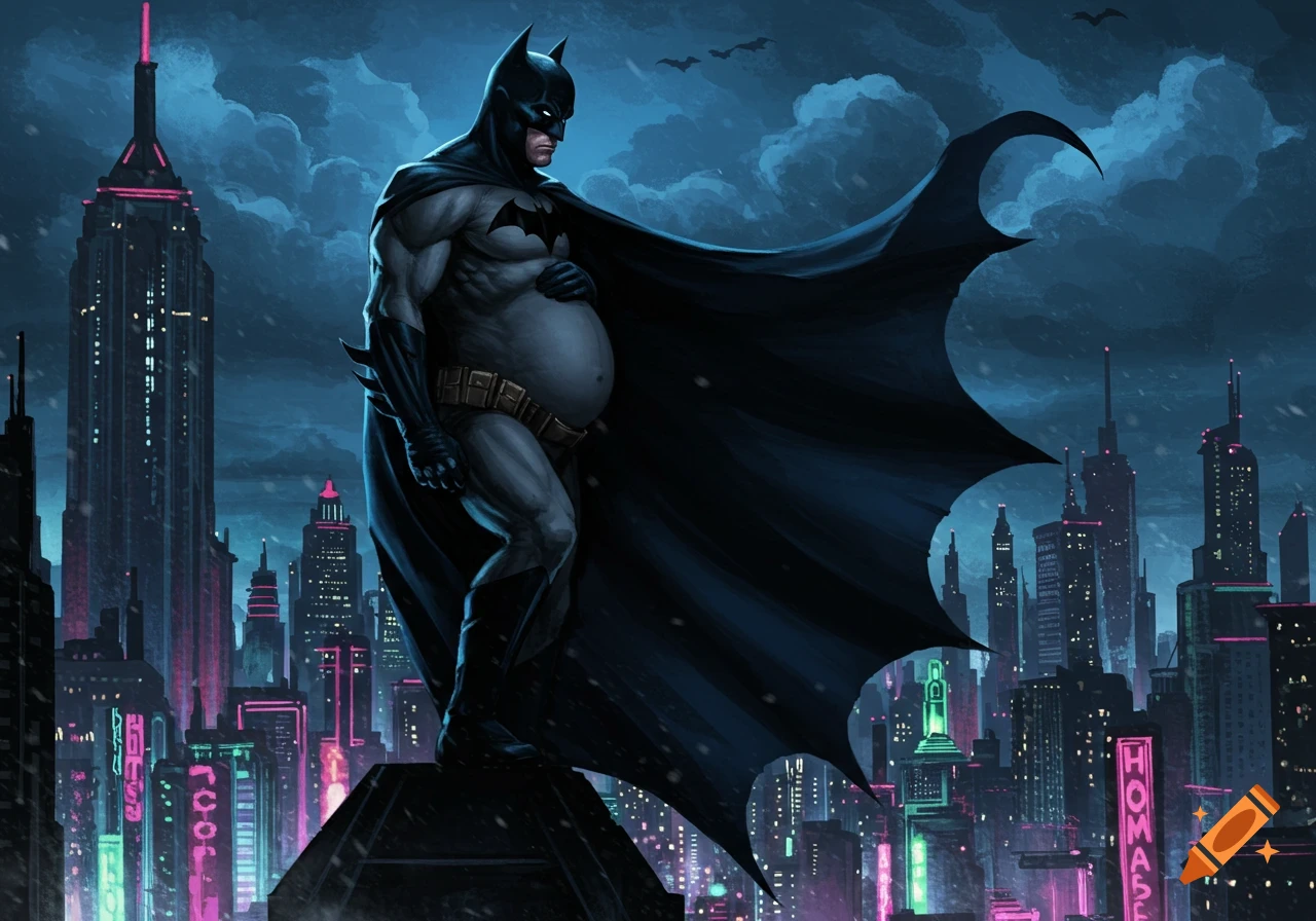 A pregnant Batman stands atop a building overlooking a neon-lit city at night.