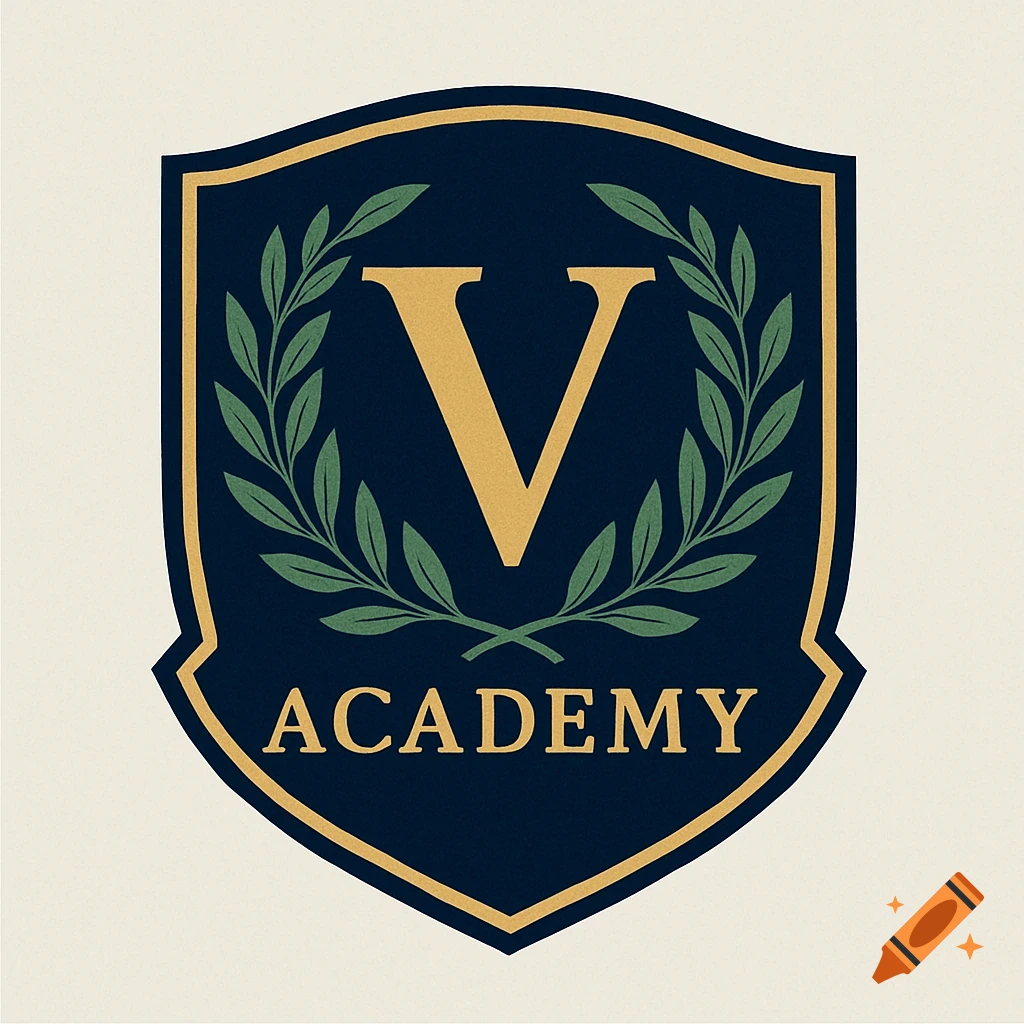 A crest-style logo featuring a gold letter V above a green olive wreath, with the word ACADEMY in gold below, all on a dark blue shield with a gold border.