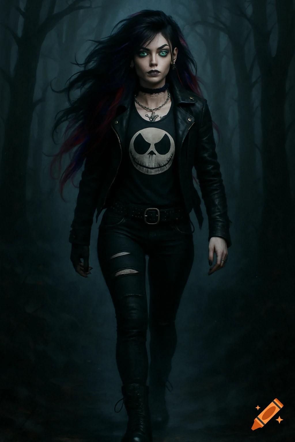 A full body portrait of a cyber goth woman with dark, red, and purple hair, green eyes, wearing a leather jacket and Jack Skellington shirt, walking in a dark, foggy forest.