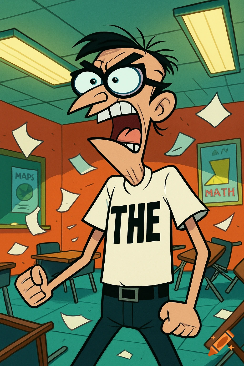 An angry cartoon teacher resembling Mr. Crocker yelling in a messy classroom with papers flying, wearing a white shirt that says 'THE'.