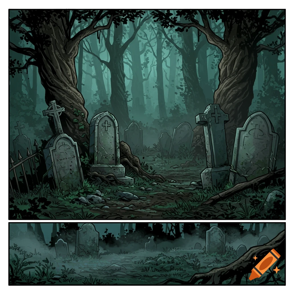 A comic art illustration of an abandoned graveyard in a dark, misty forest.