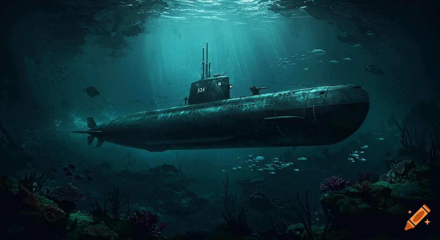 A dark green submarine floats in the deep blue ocean, illuminated by light rays from the surface, with fish and coral reefs below.