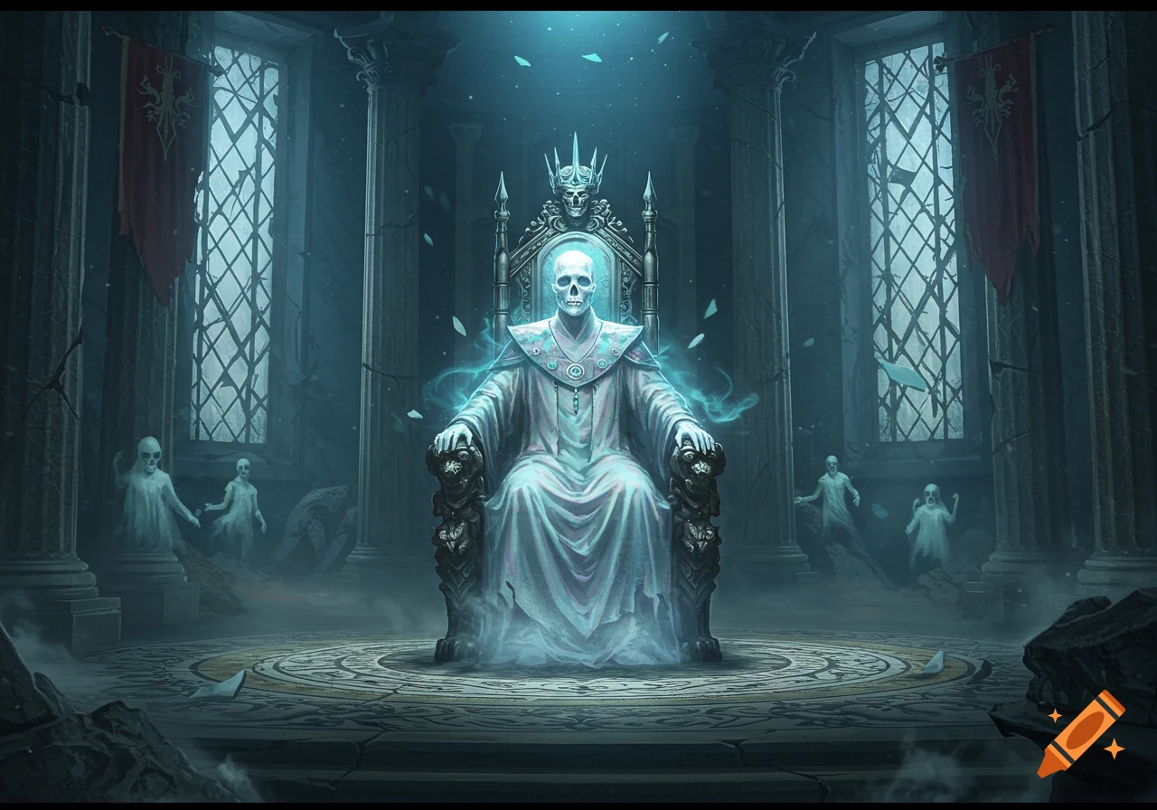A skeletal phantom king with a glowing aura sits on an ornate throne in a dark, ruined hall with spectral figures.