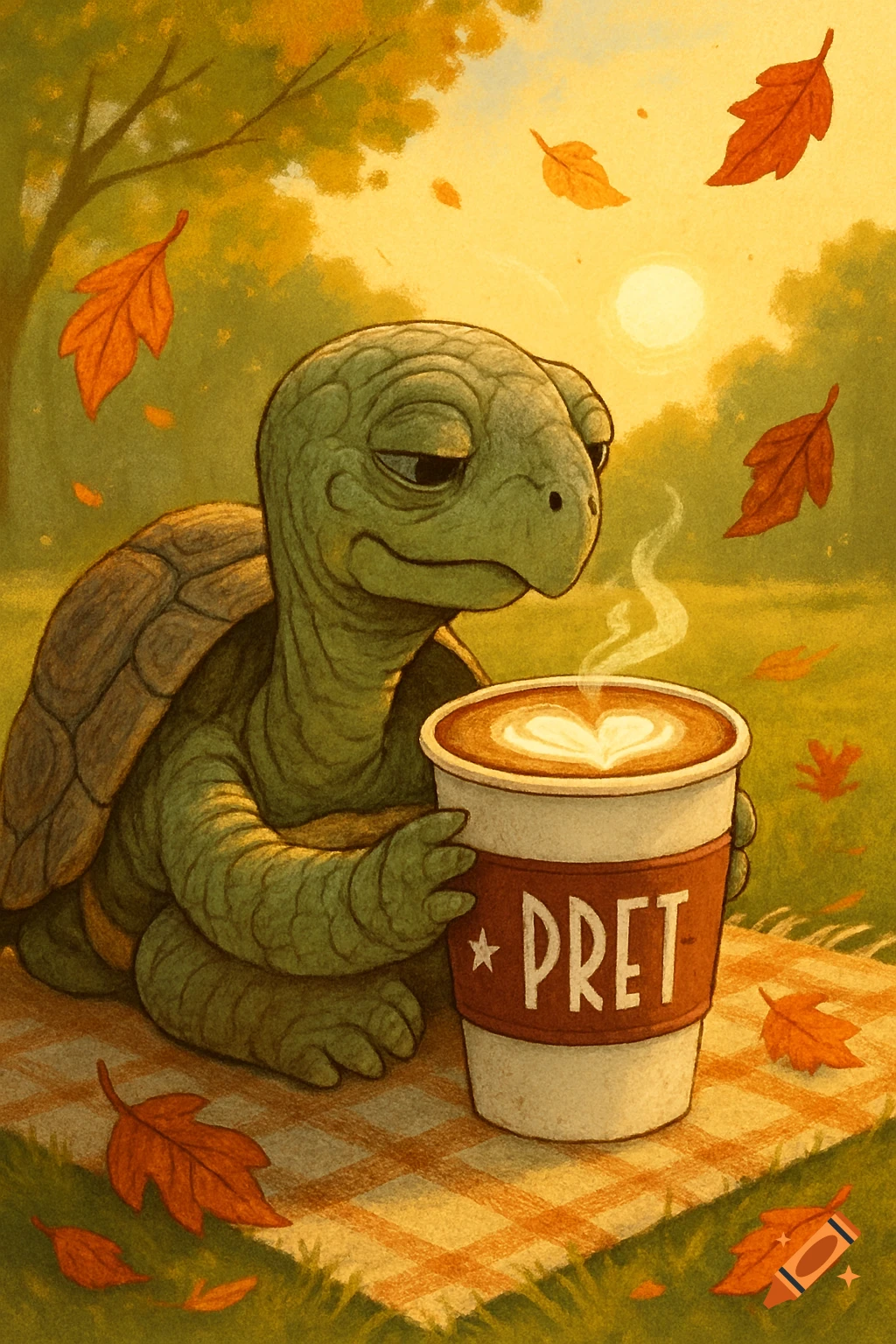 An illustrated tortoise sips a Pret a Manger cappuccino on a picnic blanket with autumn leaves falling.