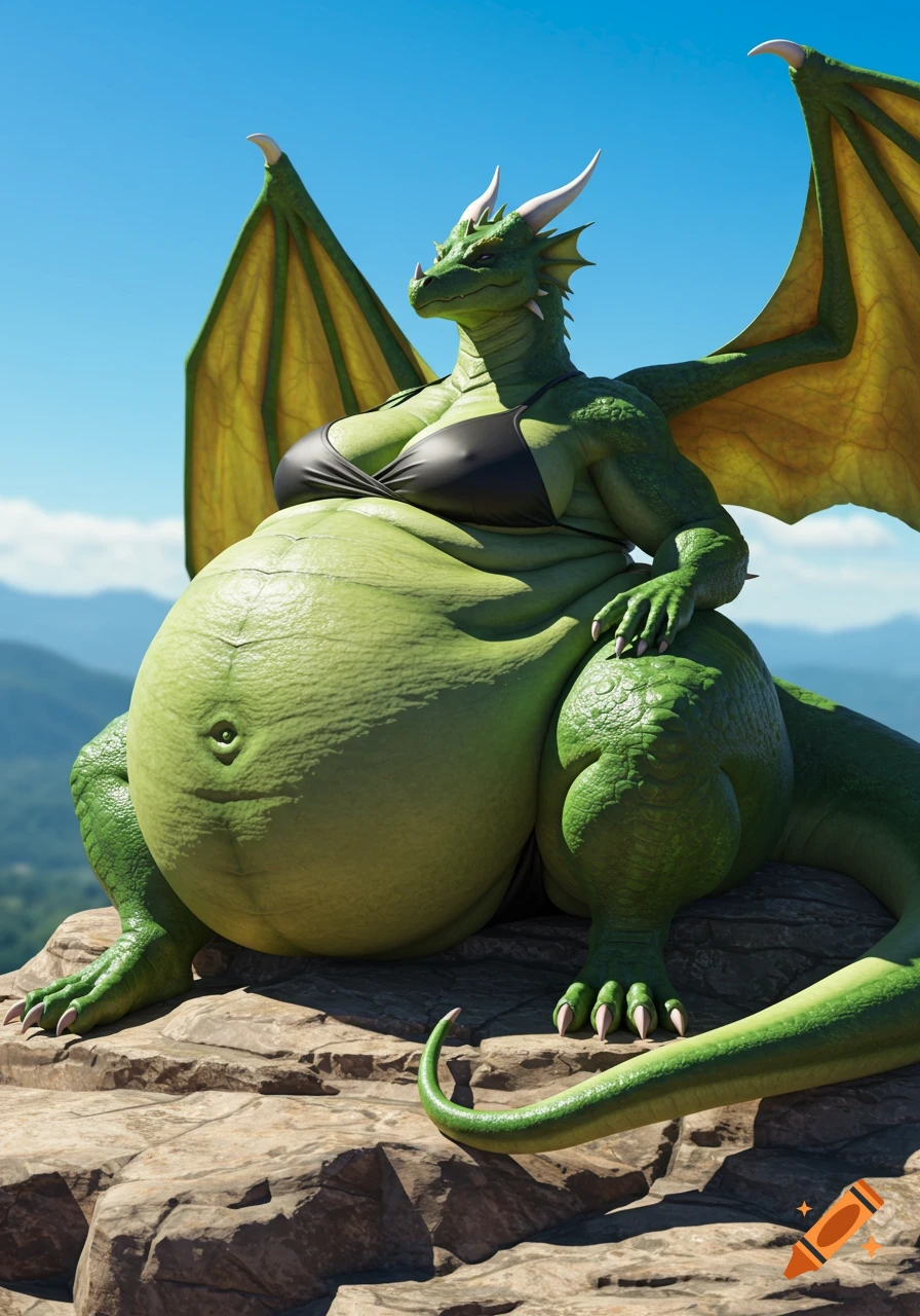 A large green female dragon wearing a black bikini sits on a rocky mountain peak under a clear blue sky.