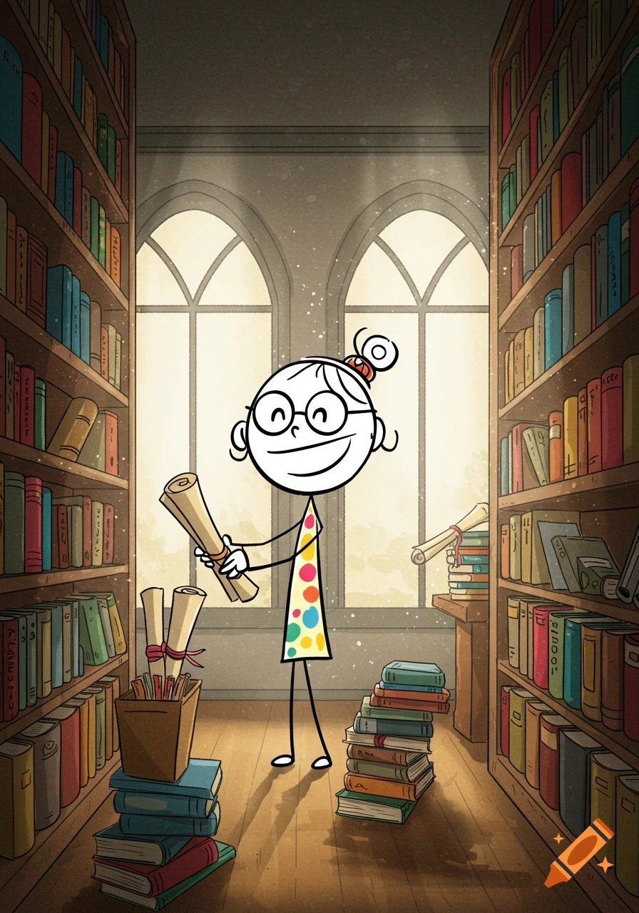 A happy stick figure librarian wearing a polka dot dress holds a scroll in a sunlit library with tall bookshelves.