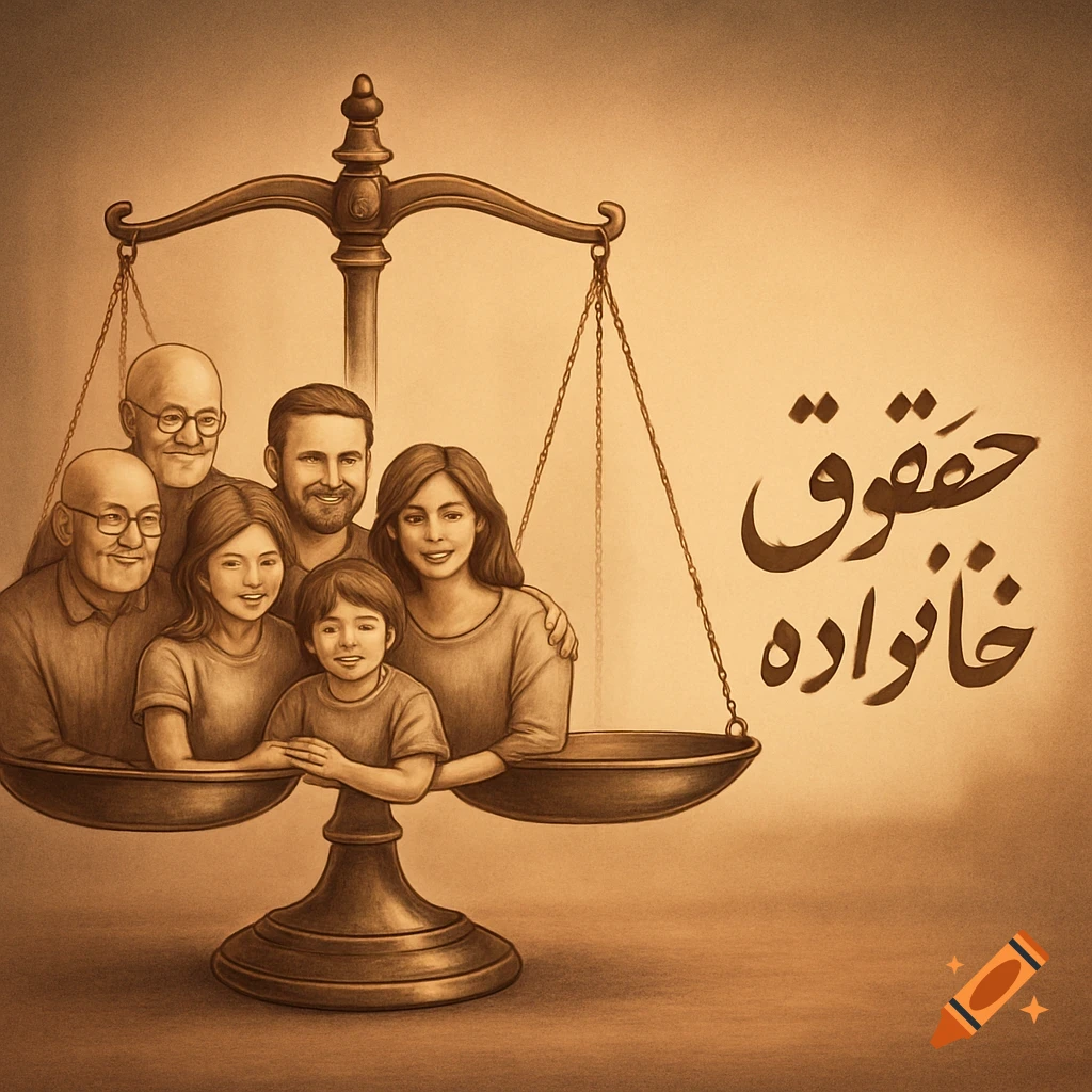 A sepia-toned illustration of a family on the pans of a scale of justice, with Arabic text 'Family Rights' beside it.