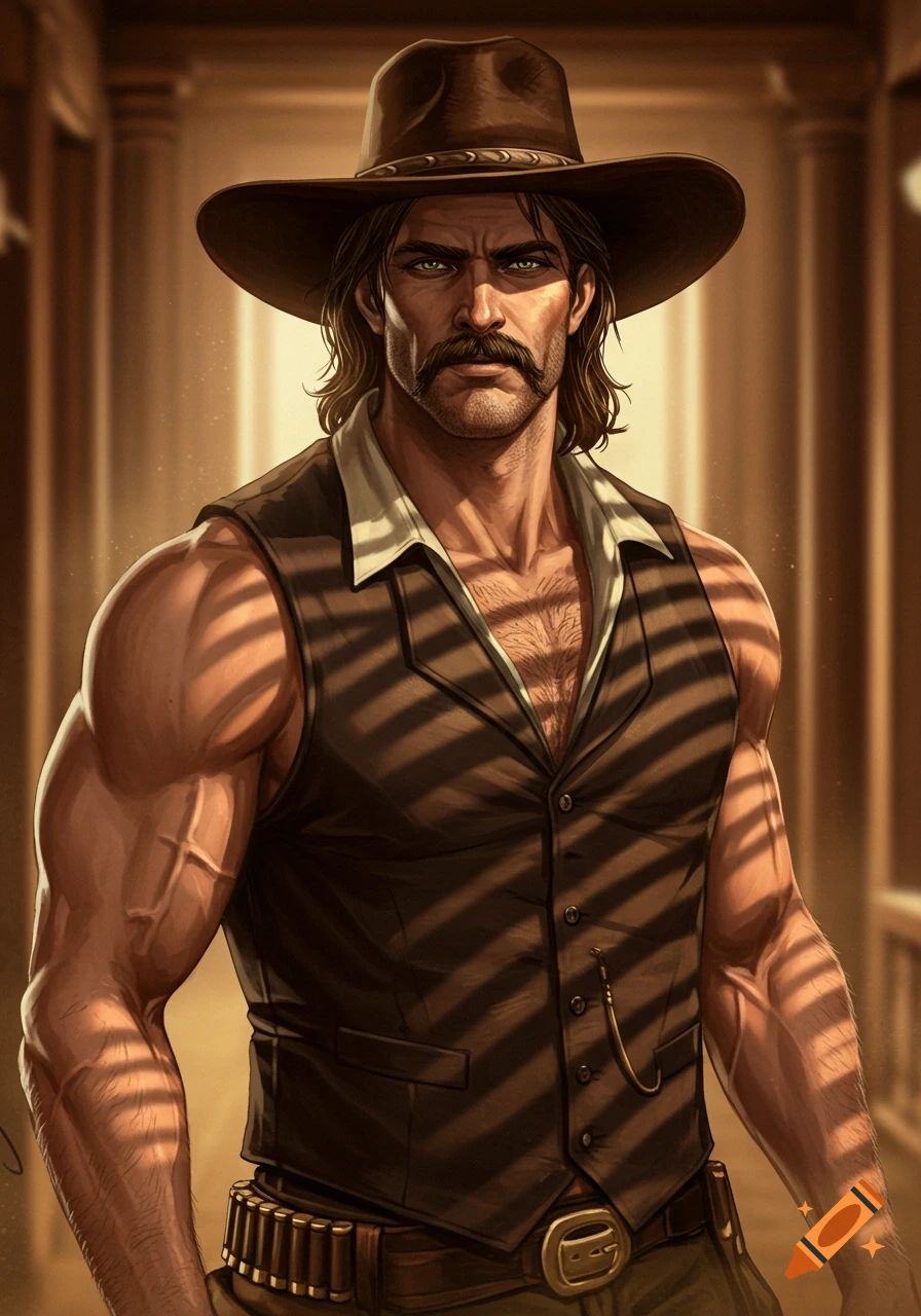 Muscular man in a cowboy hat and vest, with a mustache, long hair, and green eyes, standing in striped shadows. Stylized art.