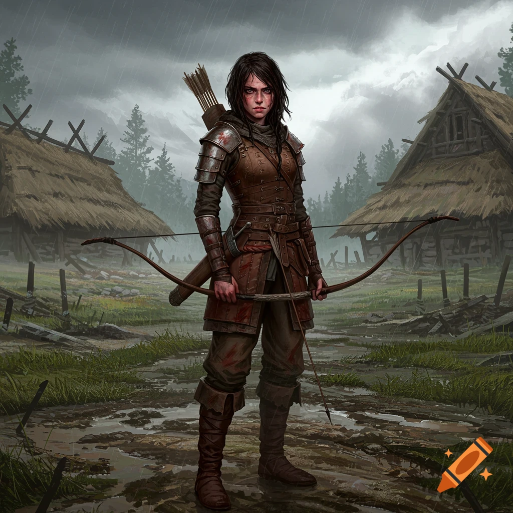 A determined medieval archer in leather armor stands in a muddy, rainy village holding a recurve bow and quiver of arrows. Dark, gritty fantasy art style.