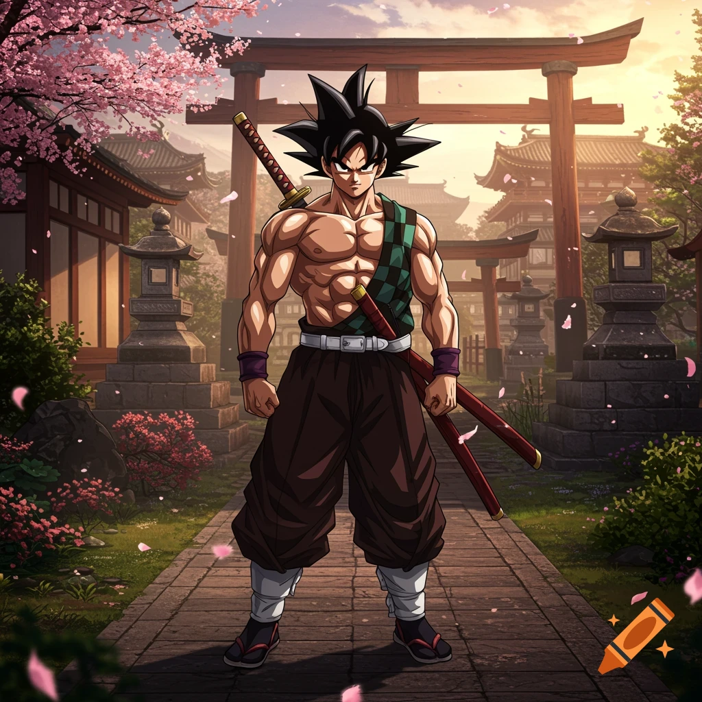 Anime-style Goku in a Demon Slayer uniform, with a sword on his back, stands in a Japanese courtyard with falling cherry blossoms and torii gates.