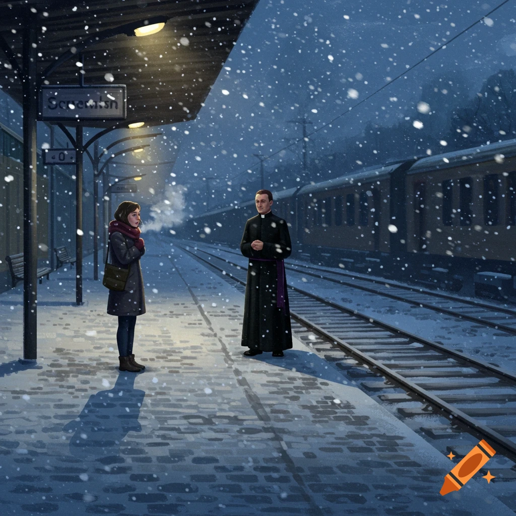 A woman and a priest stand on a snowy train station platform at night as snow falls, with a train in the background.