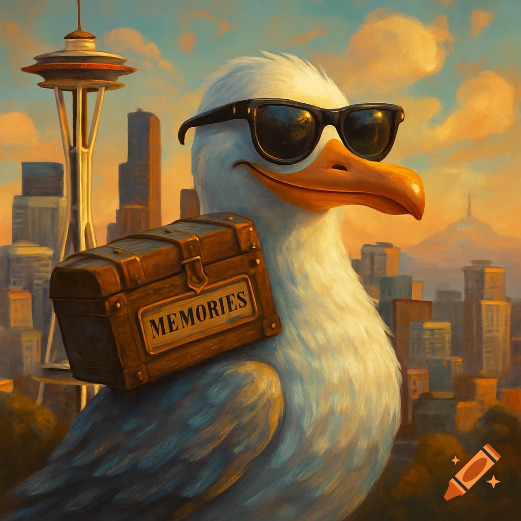 A stylized seagull with sunglasses carries a 'MEMORIES' box on its back, set against a painted Seattle skyline at sunset.