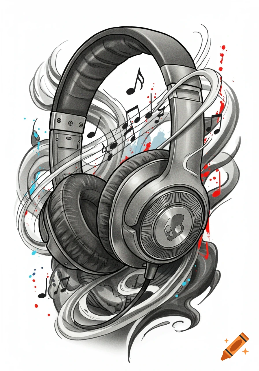 Grayscale tattoo design of over-ear headphones surrounded by musical notes and smoke, accented with red and blue paint splatters.