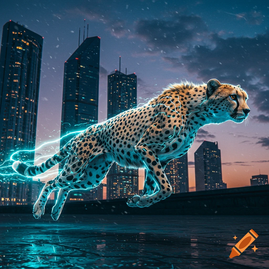 A cheetah, surrounded by glowing blue electric energy, leaps across a rooftop with futuristic city skyscrapers in the background at dusk.