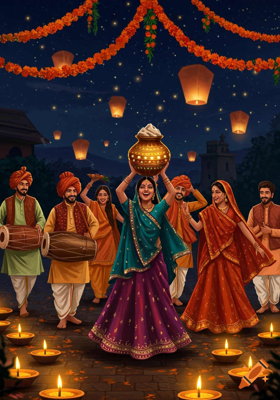 A vibrant cultural celebration scene at night with people in traditional South Asian attire dancing, drummers, floating lanterns, and lit diyas.